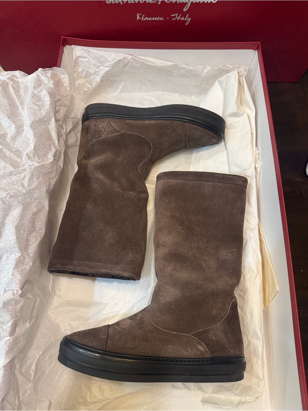 Salvatore Ferragamo Lucio Brown Suede Mid-Calf Boots with Black Sole